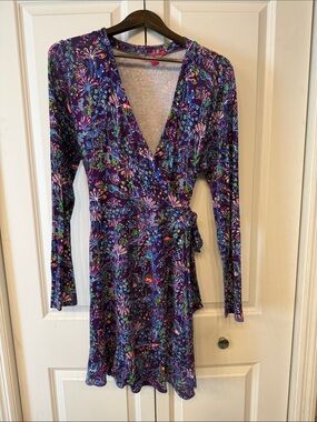 Purple Floral Wrap Dress with Tie Waist. EUC.